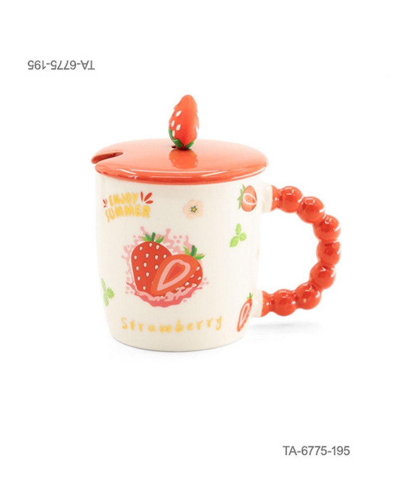 Taza o jarra de cerámica para té o café con diseño de fresas, salpicaduras, las inscripciones "ENJOY SUMMER" y "Strawberry", mango rojo con relieve de esferas, tapa roja a juego con figura decorativa de fresa TA6775