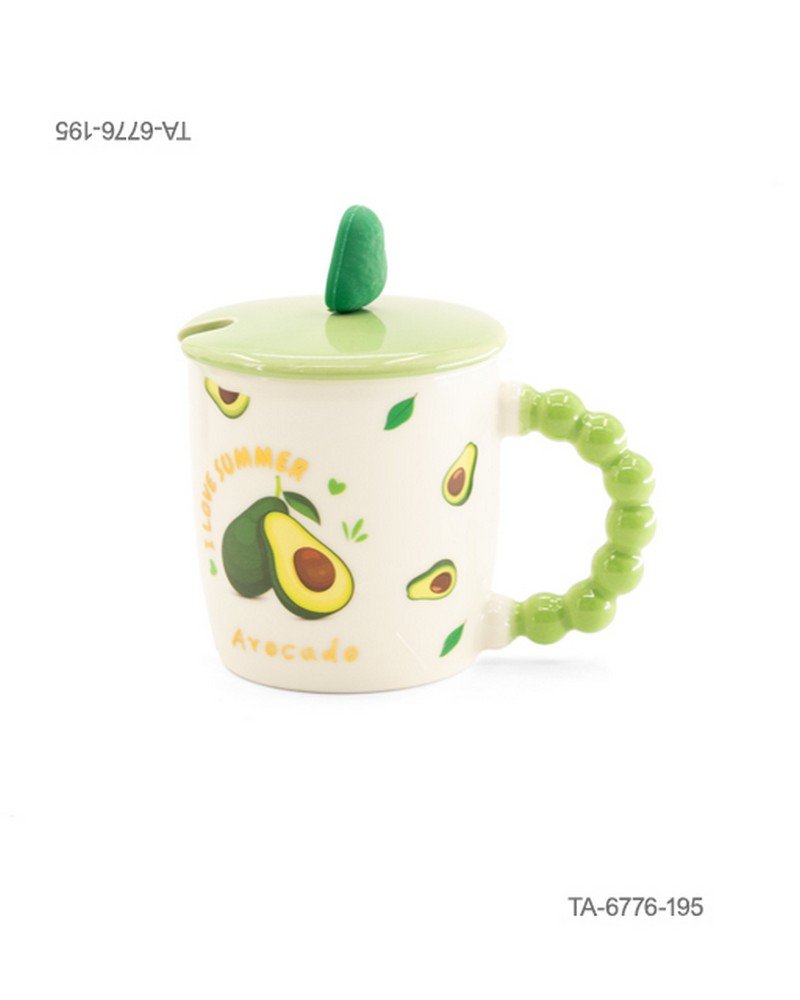 Taza o jarra de cerámica para té o café con diseño de aguacates, hojas, las inscripciones "I LOVE SUMMER" y "Avocado", mango verde con relieve de esferas, tapa verde a juego con figura decorativa de aguacate TA6776