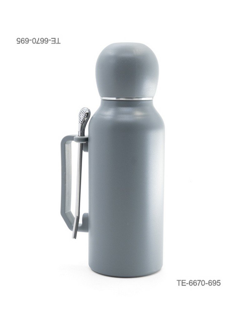 Termo metálico para mate con asa lateral incorporada, soporte para bombilla, tapa redonda tipo tapón y bombilla de metal incluida TE6670