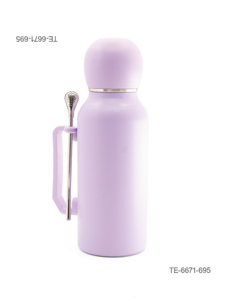 Termo metálico para mate con asa lateral incorporada, soporte para bombilla, tapa redonda tipo tapón y bombilla de metal incluida TE6671