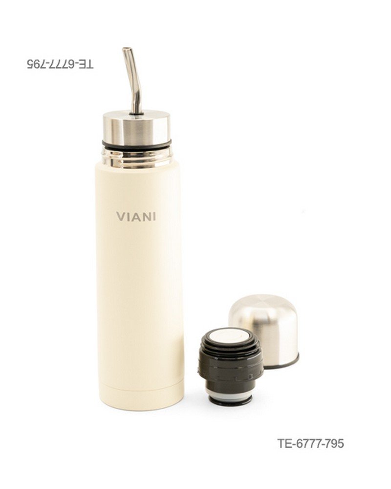 Termo metálico para mate con la inscripción "VIANI", tapón de rosca interior, tapa exterior tipo vasito y bombilla de metal incluida TE6677