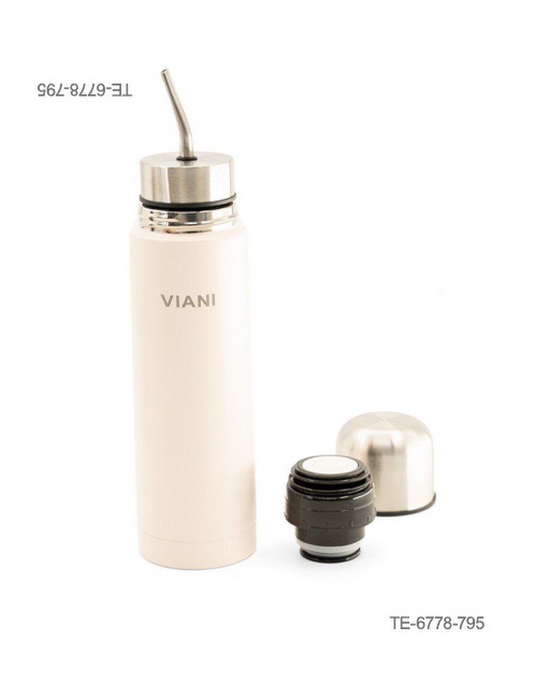 Termo metálico para mate con la inscripción "VIANI", tapón de rosca interior, tapa exterior tipo vasito y bombilla de metal incluida TE6678