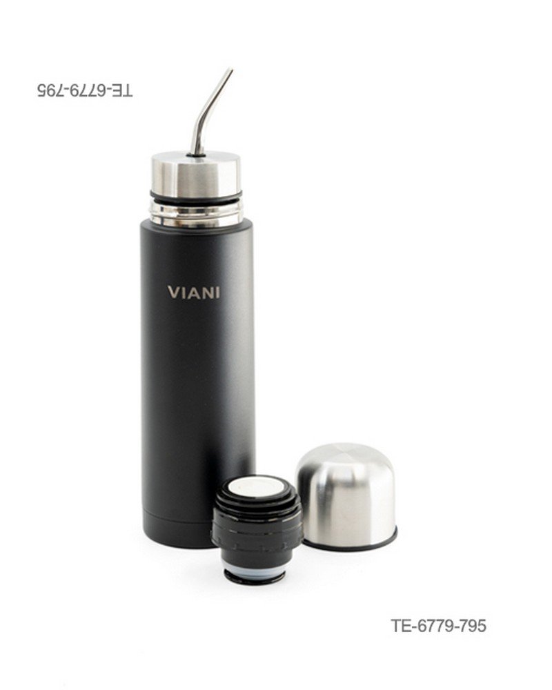 Termo metálico para mate con la inscripción "VIANI", tapón de rosca interior, tapa exterior tipo vasito y bombilla de metal incluida TE6679