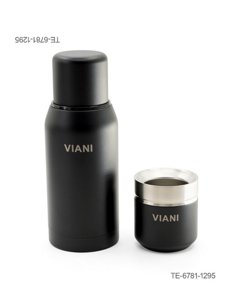 Set de termo metálico con la inscripción "VIANI" y mate a juego con borde de acero y la misma inscripción TE6781