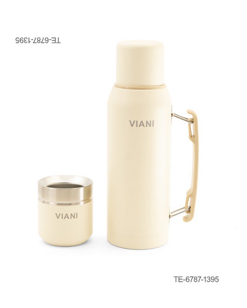 Set de termo metálico con asa lateral, la inscripción "VIANI" y mate a juego con borde de acero y la misma inscripción TE6787