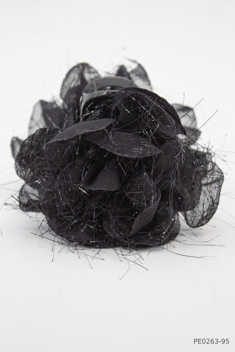 Pinza para cabello con adorno de flor grande de gasa color negro PE0263