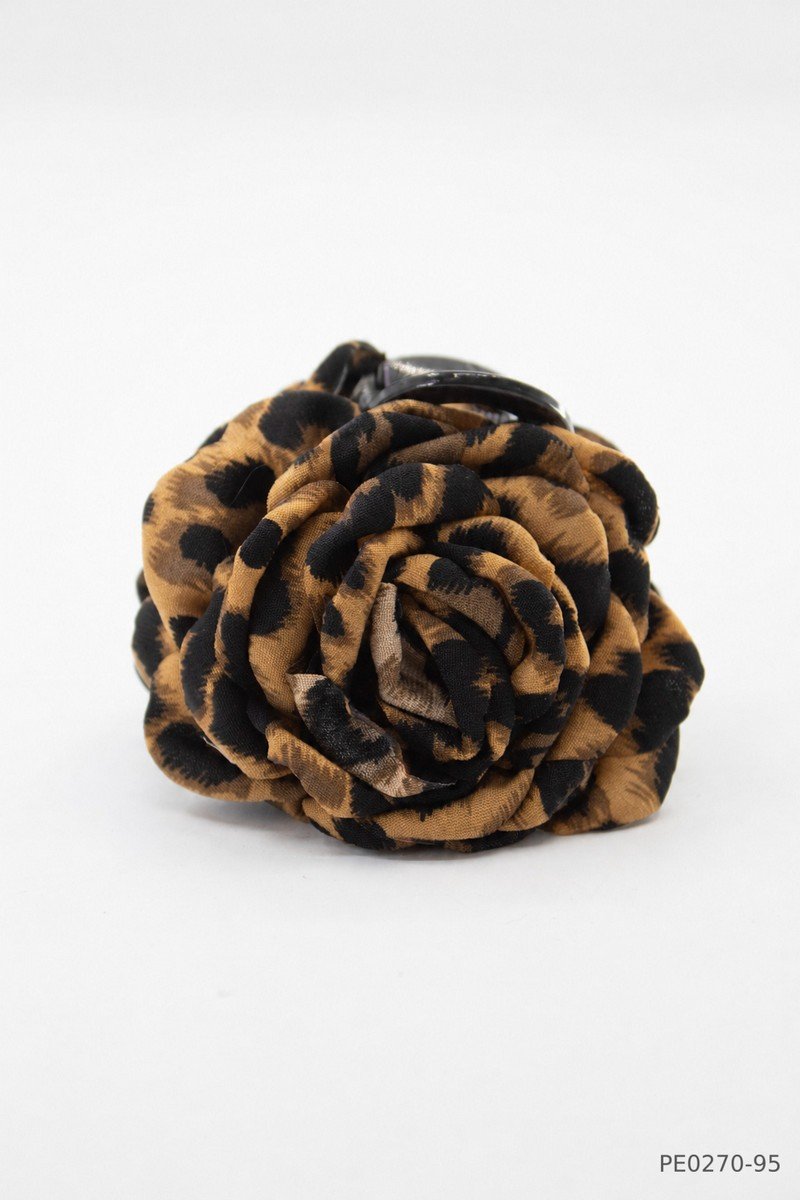 Pinza para cabello con adorno de rosa de tela con estampado animal print PE0270