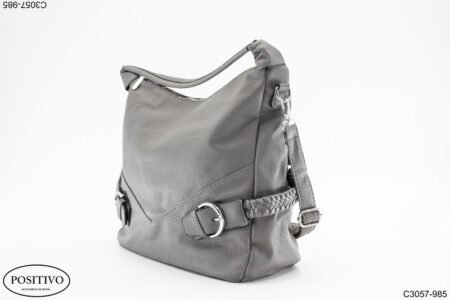 Cartera gris con hebilla, asa y correa C3057